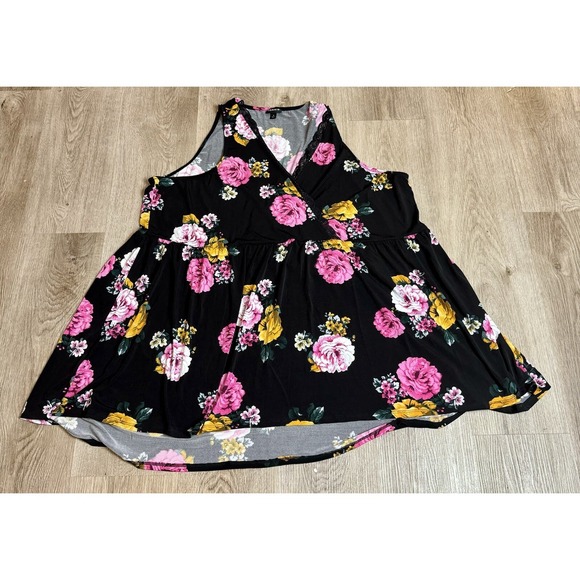 Torrid Floral Tank Top Sleeveless Black Pink Yellow Babydoll Blouse Size 4 - Picture 1 of 8